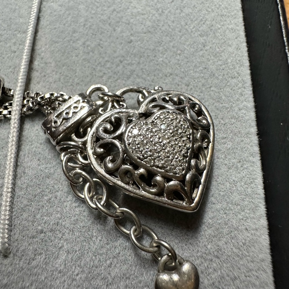 Elegant 3 layer Silver Bracelet w/ Diamond heart charm
